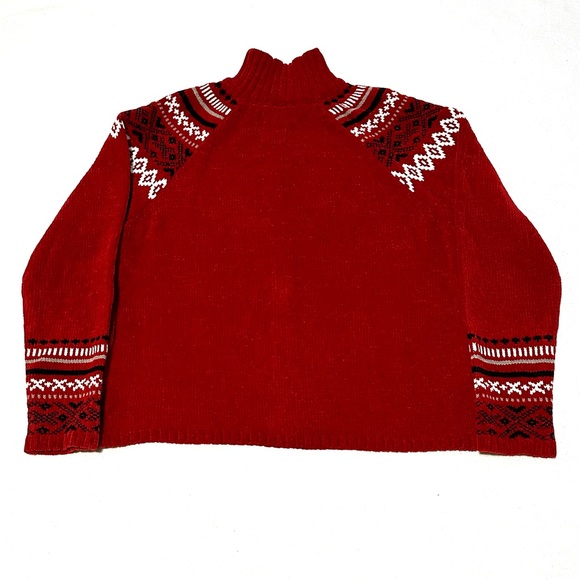 VINTAGE BLAIR FAIR ISLE CHENILLE ZIP MOCK NECK CARDIGAN SWEATER IN RED WINE. 2XL - Picture 5 of 10